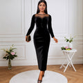 French round neck see-through velvet dress - sexy mesh panel long sleeve bodycon mini dress for evening events