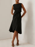 fashion elegant boat neck ruffle hem solid color midi dress - spring/summer dress