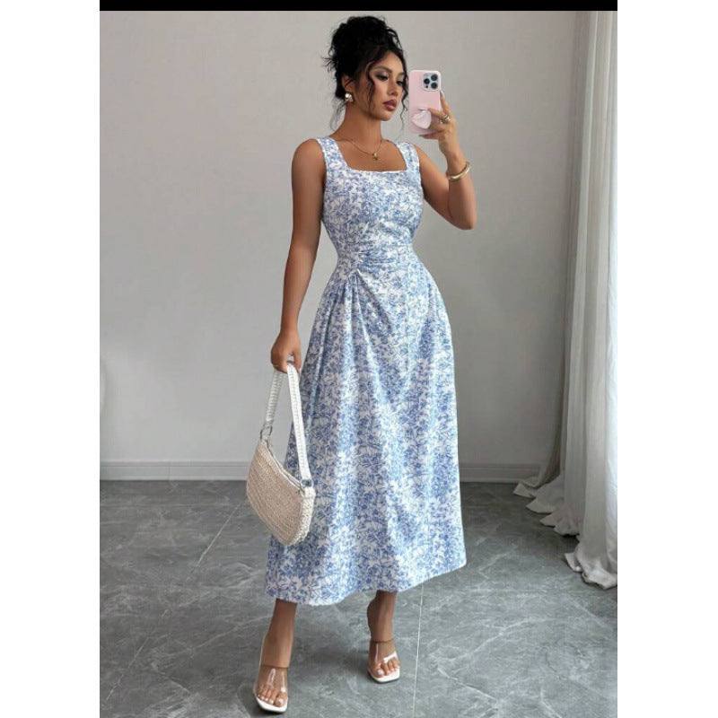 Shipped:  new summer collection - women's slim-fit, figure-flattering, square neck, sleeveless printed dress for cross-border e-commerce
