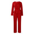 D458 independent station foreign trade suit fall and winter new arrivalfashionolrufflesv necktops pantsfashiontwo-piece set