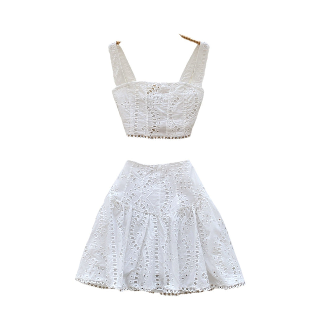 European and american hot girl hollow-out embroidered set: women's camisole bandeau crop top + high-waisted a-line midi skirt sexy two-piece outfit