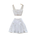 European and american hot girl hollow-out embroidered set: women's camisole bandeau crop top + high-waisted a-line midi skirt sexy two-piece outfit
