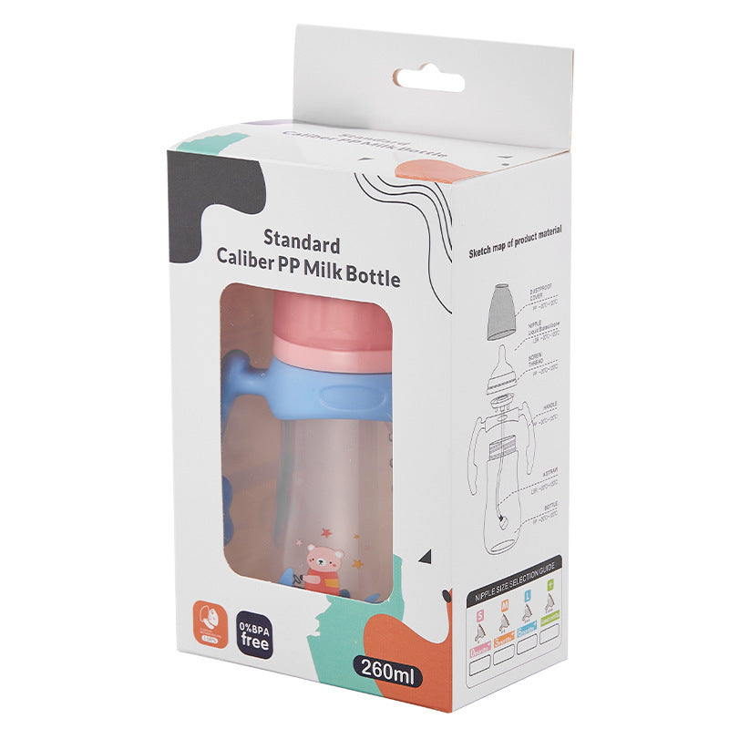 English boxed baby bottle baby wide diameter anti-choking and anti-flatulence PP bottle with handle and straw bottle
