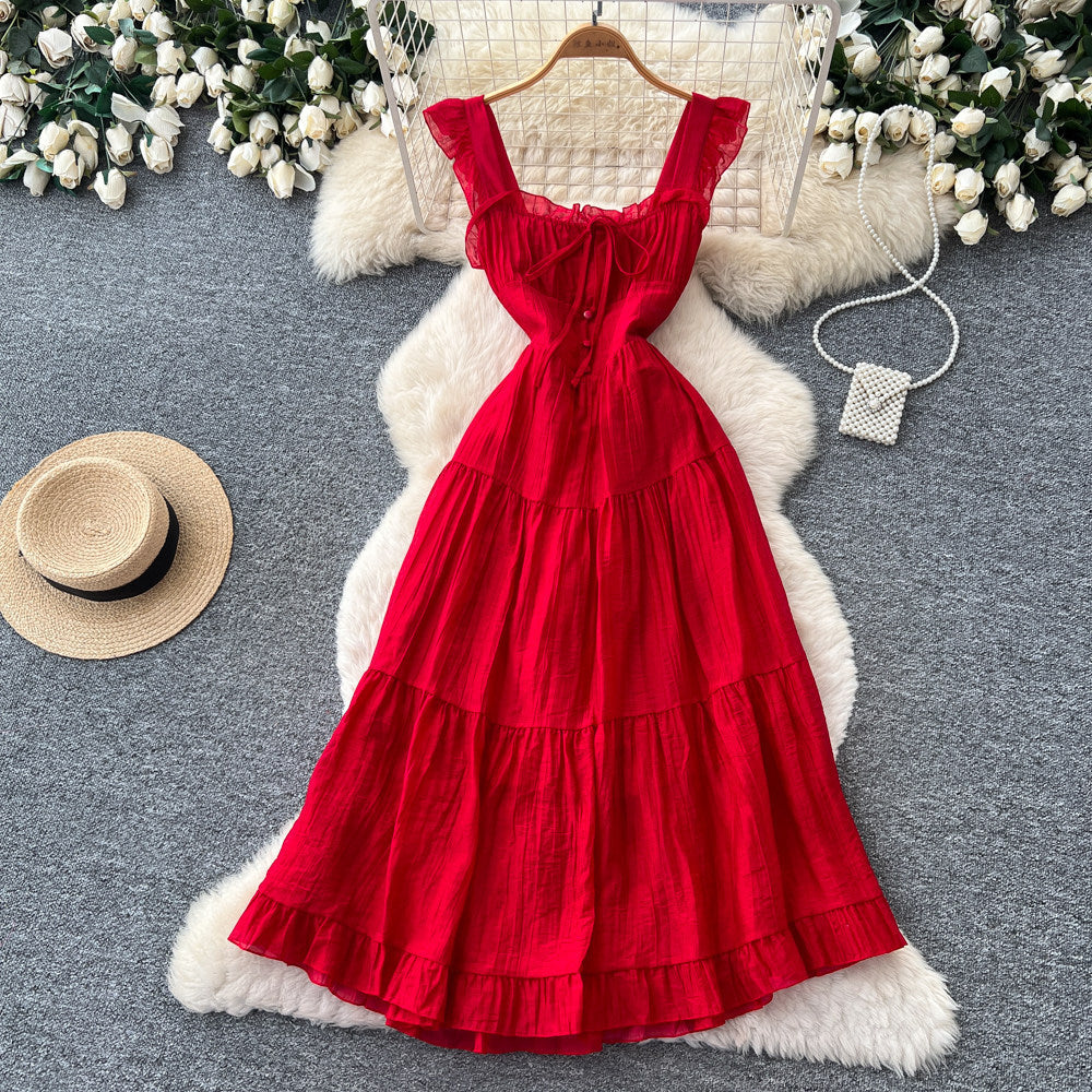 French romantic style spaghetti strap playful sleeveless dress - women's summer tie-waist slimming a-line cake dress - vacation style