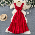 French romantic style spaghetti strap playful sleeveless dress - women's summer tie-waist slimming a-line cake dress - vacation style