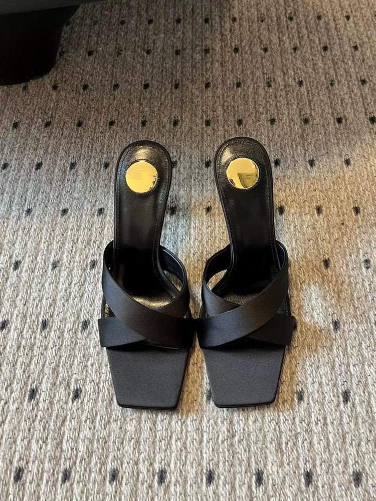 Factory in stock one-strap high-heeled sandals for women cross-strap export best selling special-shaped heels letter heels high-heeled shoes for women