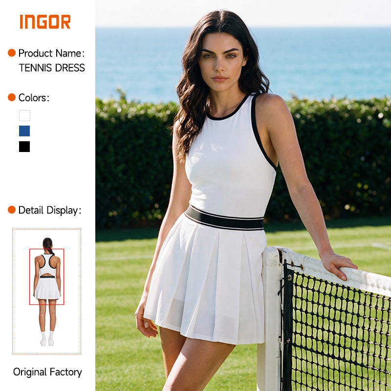 quick-drying yoga one-piece skirt with breast pads, color-blocked pleated skirt, high-elastic anti-exposure golf tennis skirt for women