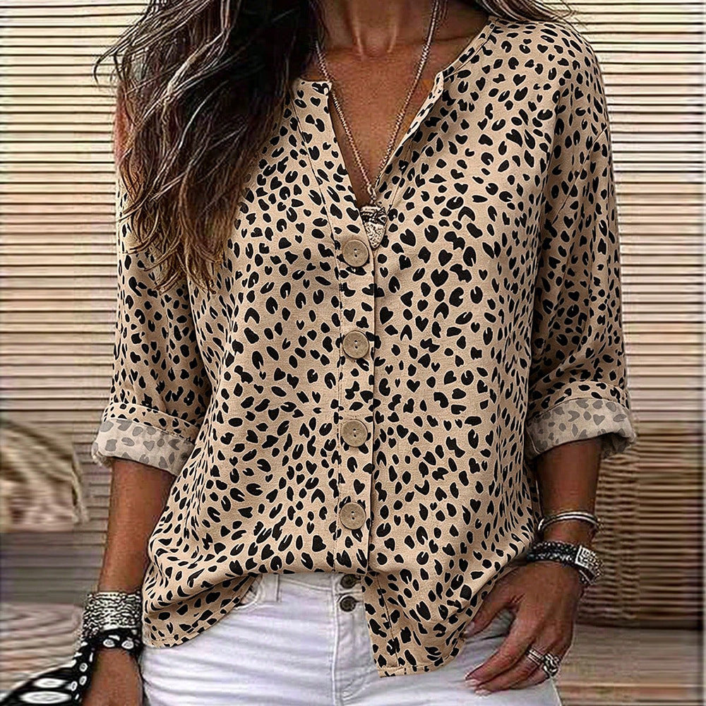 Casual khaki leopard print half placket shirt retro roll sleeves daily work clothingeasiest for match women's clothing 1688 supply