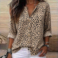 Casual khaki leopard print half placket shirt retro roll sleeves daily work clothingeasiest for match women's clothing 1688 supply