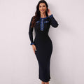 European and american autumn/winter new collection: chanel-inspired knit midi dress with long sleeves, denim paneling, and a-line sweater dress