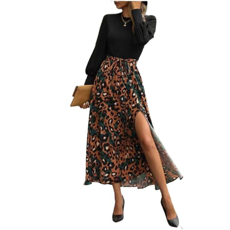Shipped: cross-border, european and american summer new arrival - women's slim-fit, leopard print panel, slit long sleeve dress
