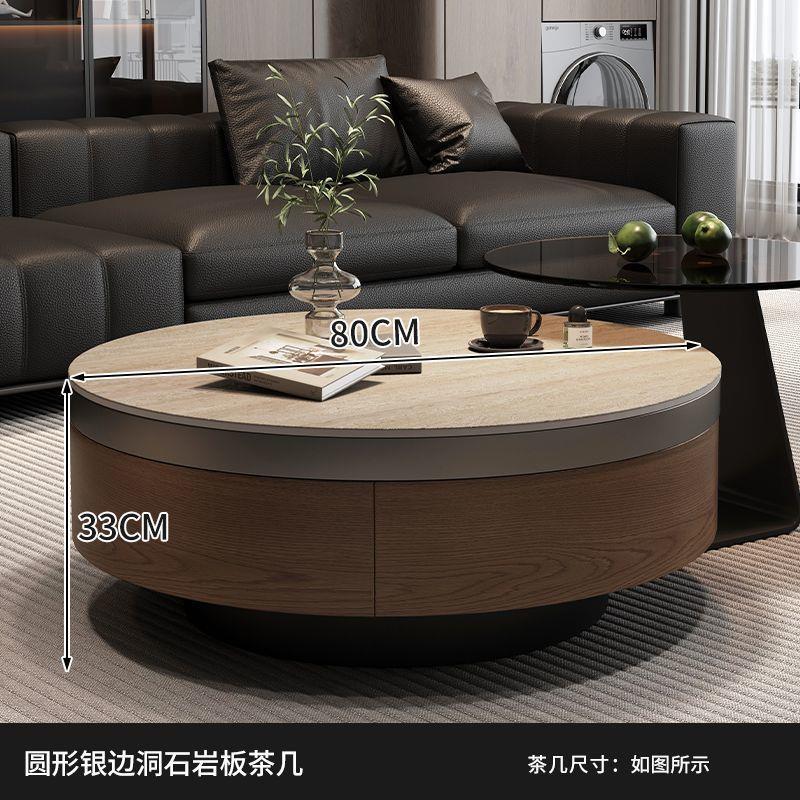 Travertine rock slab coffee table set for home living room, premium light luxury retro style, walnut color cabinet, round coffee table combination