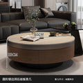 Travertine rock slab coffee table set for home living room, premium light luxury retro style, walnut color cabinet, round coffee table combination