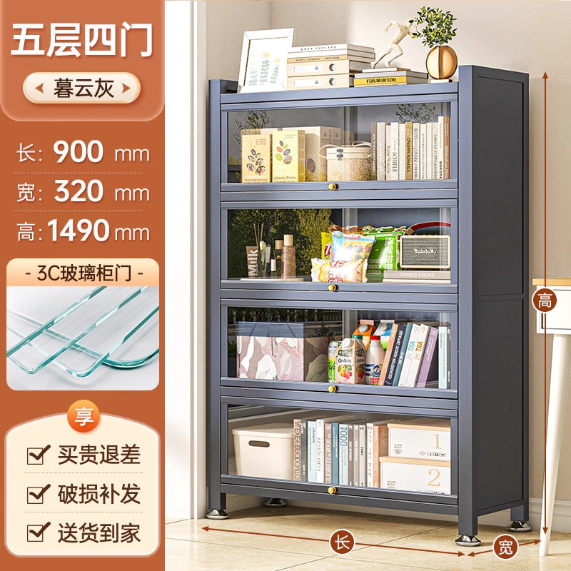 Steel bookcase glass door bookshelf for home living room storage cabinet floor-standing dust-proof figure display cabinet iron storage rack