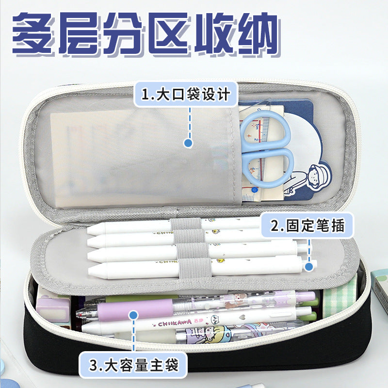 Large-capacity pencil case, simple solid color can be printed with logo, primary school student stationery bag, high-end Oxford cloth stationery box.