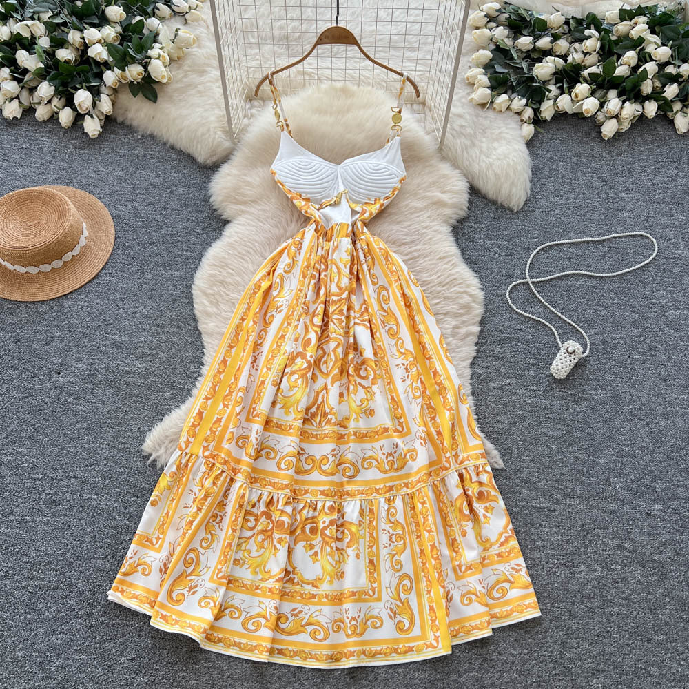 European and american fashion camisole dress for women, autumn , high-end, slimming, elegant, printed, flowy maxi dress