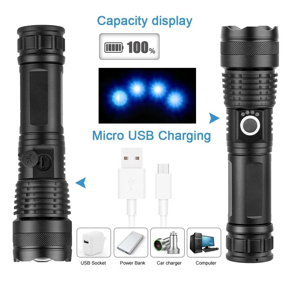 Cross-border new strong light remote emission electric display LED telescopic zoom flashlight outdoor household lighting aluminum alloy flashlight