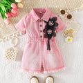 girls' denim jumpsuit - short sleeve, turn-down collar, cinched waist, pearl and floral embellishments, girls' cargo pants style