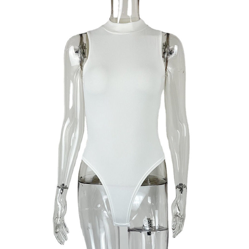 2025 Europe, America and summer  new women's clothing, sexy slim-fitting cotton threaded semi-turtleneck sleeveless vest onesie