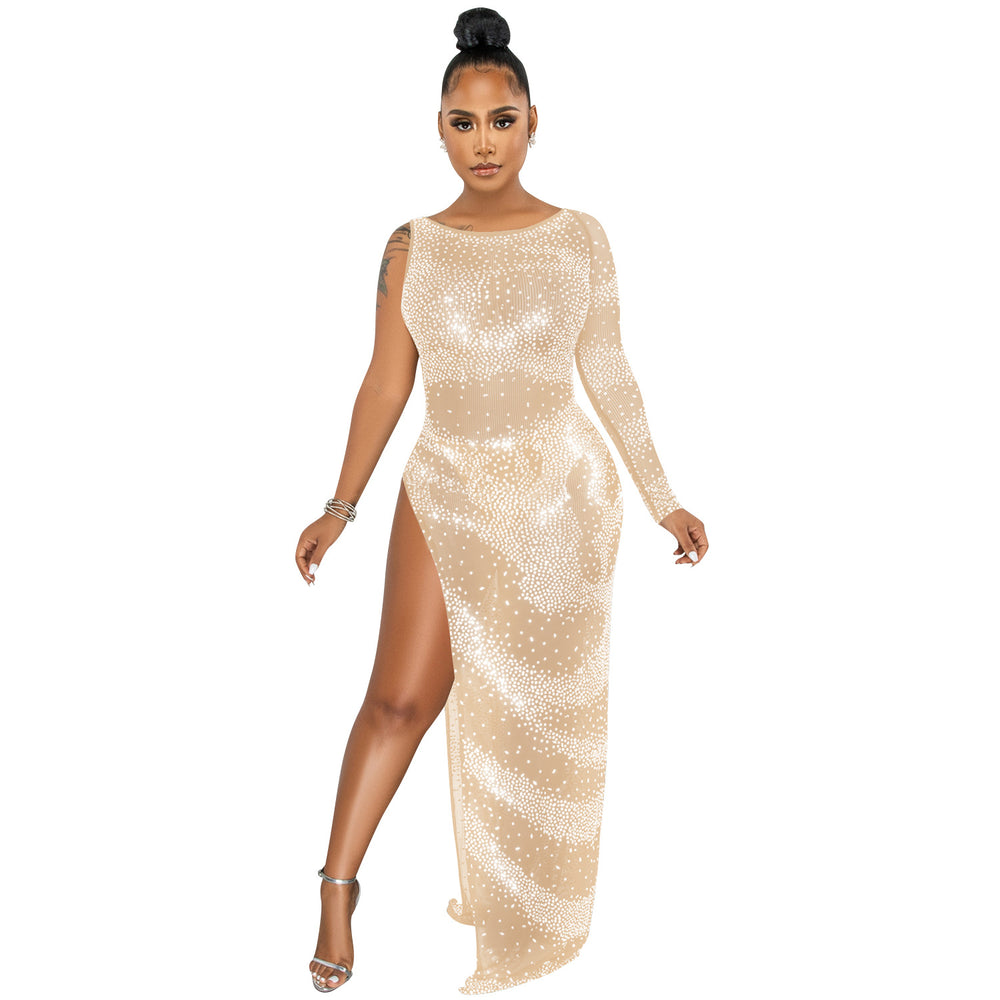X5622   fashion sexy nightclub rhinestone single long sleeve asymmetrical slit maxi dress