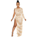 X5622   fashion sexy nightclub rhinestone single long sleeve asymmetrical slit maxi dress