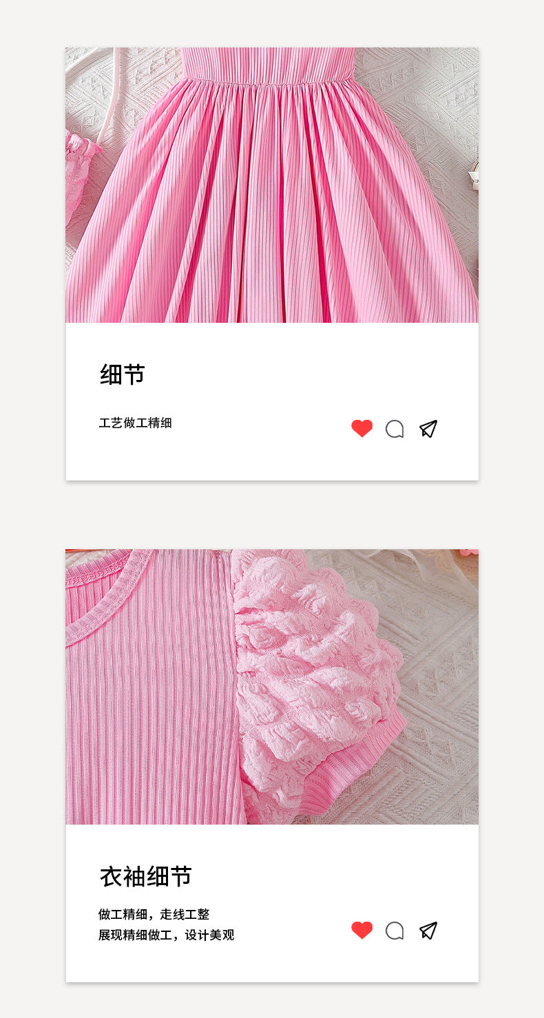 girls' dress - pink bubble sleeve, vertical stripe, floral waist design - stylish summer princess dress for girls