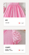 girls' dress - pink bubble sleeve, vertical stripe, floral waist design - stylish summer princess dress for girls