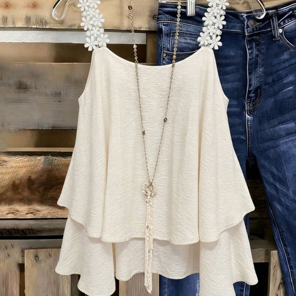 Fashion cross-border layered suspender tops flower lace shoulder strap double-layered ruffle swing looseslimming look vest