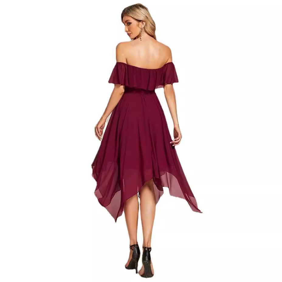 new cross-border summer fashion: european and american style  one-shoulder chiffon ruffle hem asymmetrical solid color dress