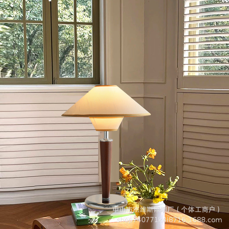 Vintage walnut double-layered conical fabric table lamp with linen shade - retro cream style for bedroom nightstand or study