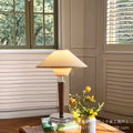 Vintage walnut double-layered conical fabric table lamp with linen shade - retro cream style for bedroom nightstand or study