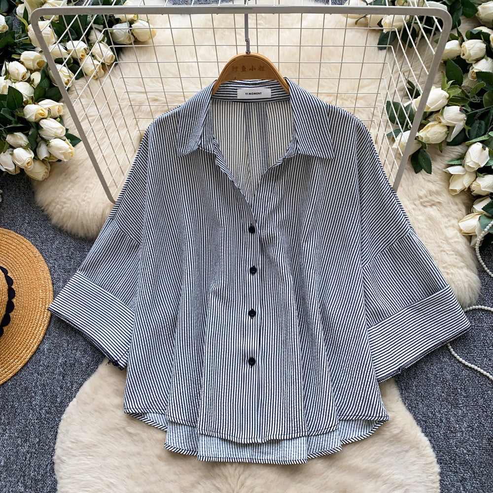 Korean style fashionable young lady shirt -  new arrival - versatile commute, casual, slimming long sleeve striped top for summer