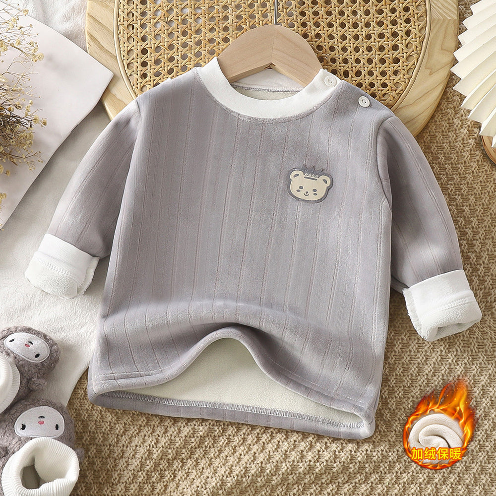 Kidsheattechtops boys and girlsfall and winter bottom shirt baby thickened pajamas children's fleece-linedlong sleeves autumn clothes