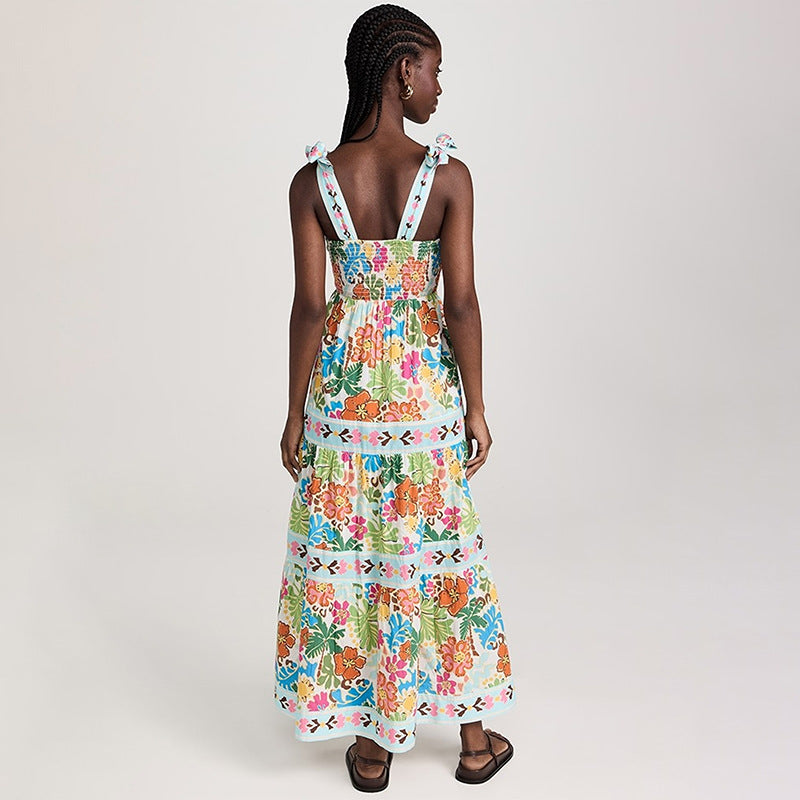 2025 summer amazon fashion new sleeveless collarless high waist plant printing women's large swing suspender dress