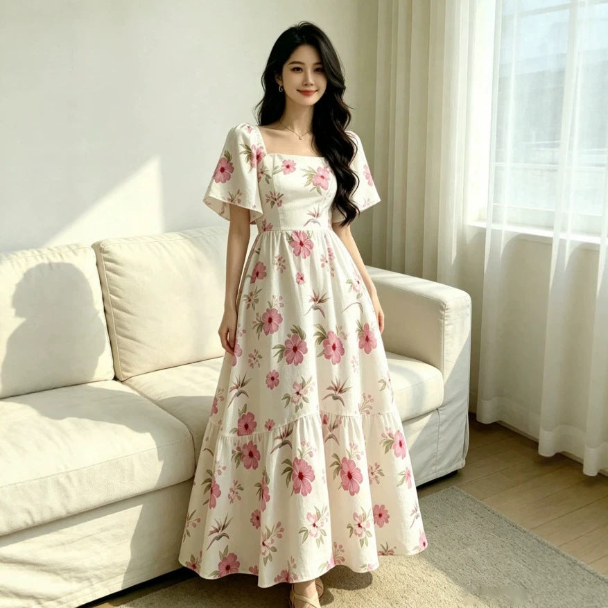 European and american  summer new sweet vacation style puff sleeve square neck rose print cinched waist dress