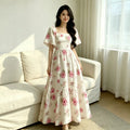 European and american  summer new sweet vacation style puff sleeve square neck rose print cinched waist dress