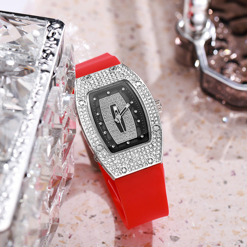 Whiskey barrel-shaped diamond-accented quartz watch - fashionable, trendy, and elegant women's silicone wristwatch - wholesale white