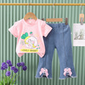 Girls' denim two-piece set: butterfly appliqué jeans & cute bunny top - new summer  collection
