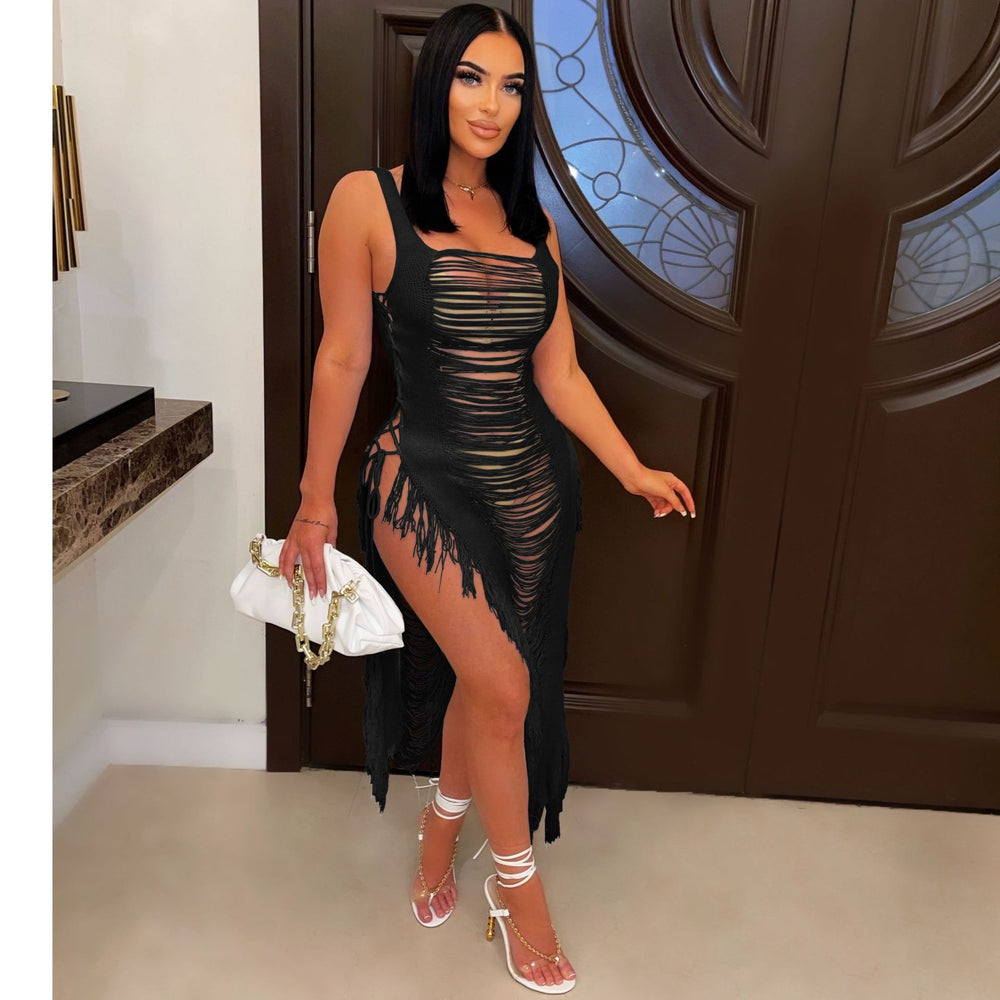 spring/summer new women's dress - european & american sexy cutout beach cover-up with tassel beach skirt