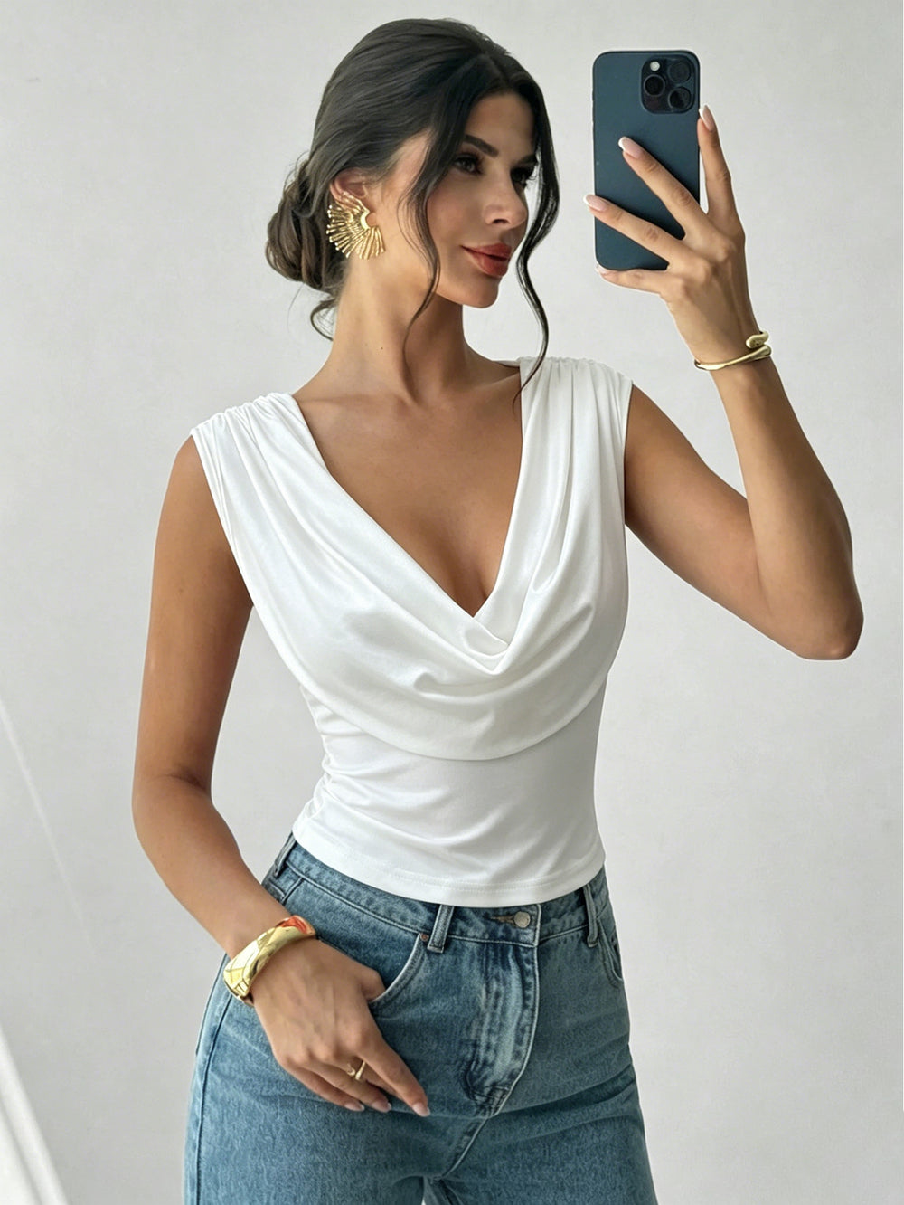 Fashion cross-border summer new arrival swing collar sleeveless t-shirt waist slimming look pure desire style easiest for matchshorttops women