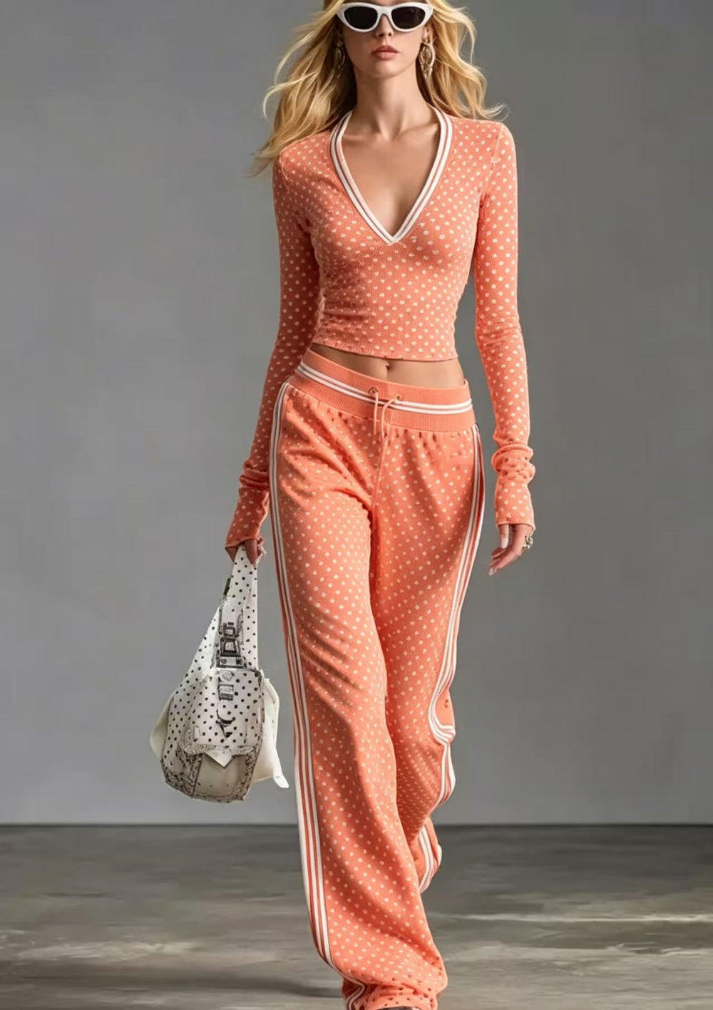 spring new arrival cross-border independent station  fashion v neck polka dot pants long sleeves sportswear suit