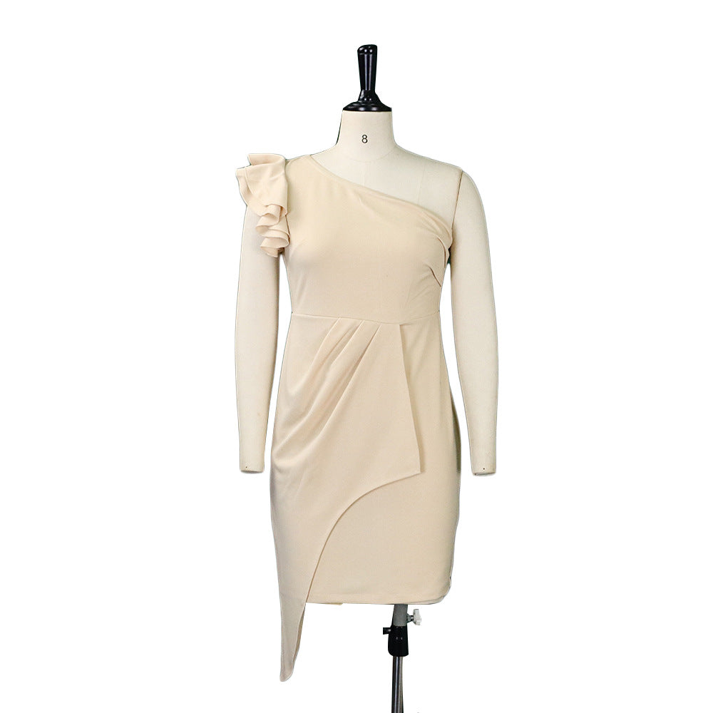 D378 european and american plus size women's fashion: elegant, slimming, one-shoulder ruffle hem bodycon plus size export dress