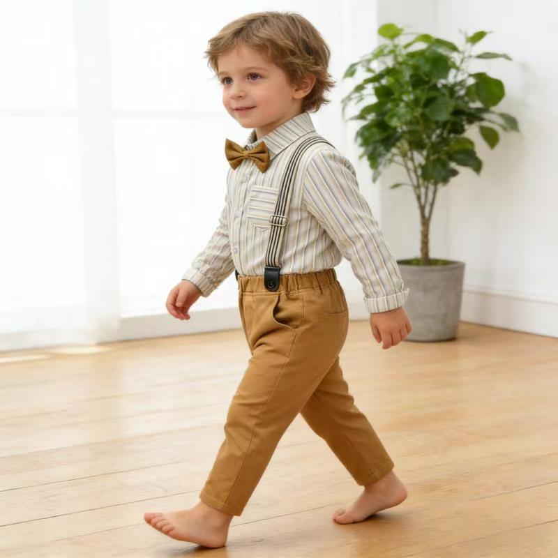 Children's spring new korean style long-sleeved striped shirt overalls bow birthday first birthday dress kids shirt