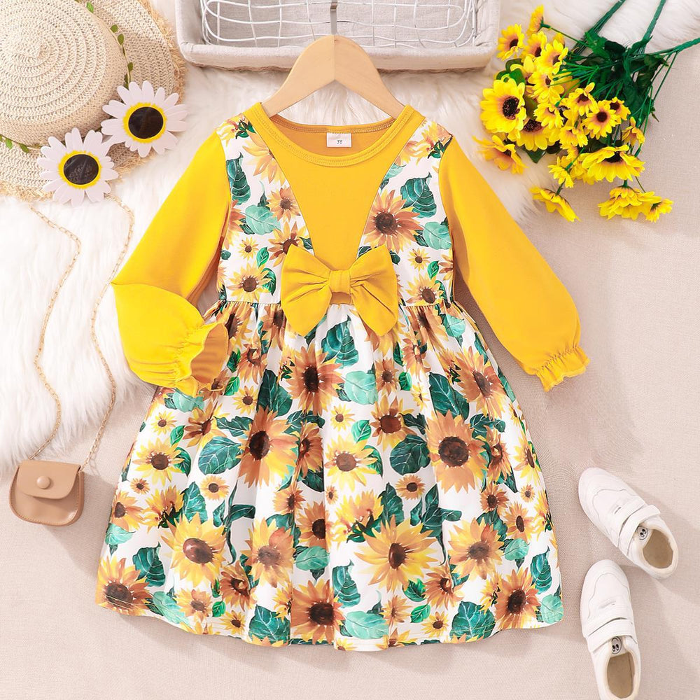 Children's long-sleeved round neck bow dress