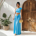 C7675 cross-border   fashion women's sexy one-shoulder cropped top and midi skirt set