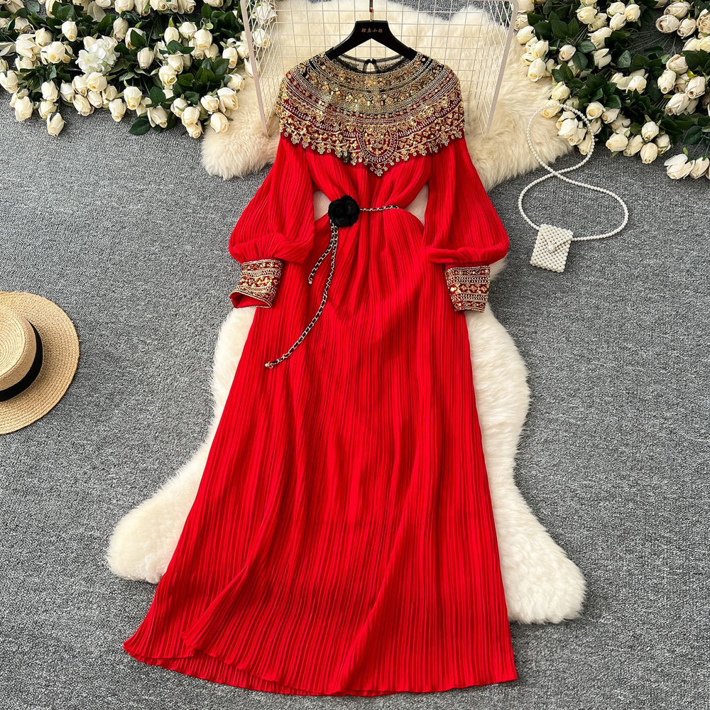 High-end women's elegant dress 2024 winter heavy beading sequin loose waist long pleated formal gown