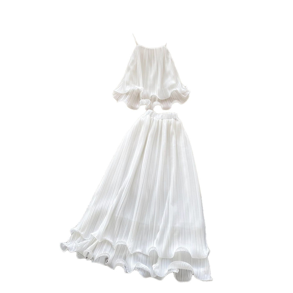 Fairy vacation set  new french chic: camisole top + high-waisted ruffle pleated midi skirt