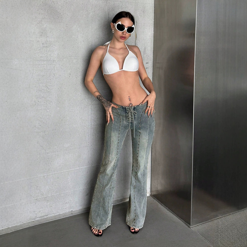 Spicy girl style european and american jeans women's low waist front straps rivets split retro distressed silm micro flare denim pants