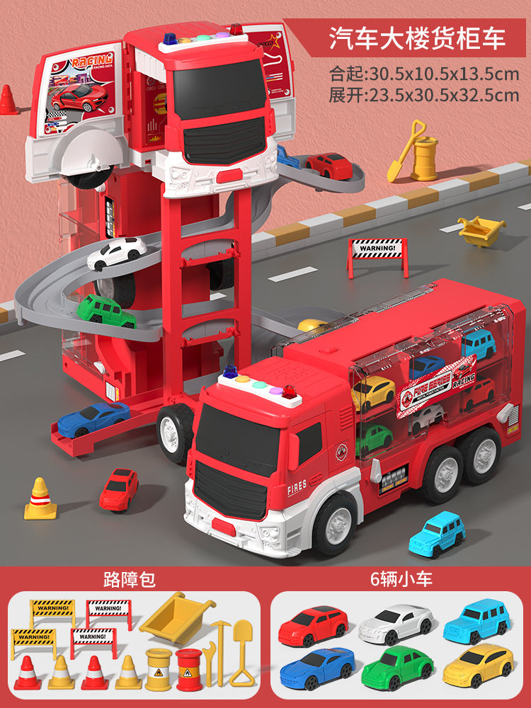 Boys' transforming storage double-decker container truck 2-in-1 track car building with lights, music, educational electric toy