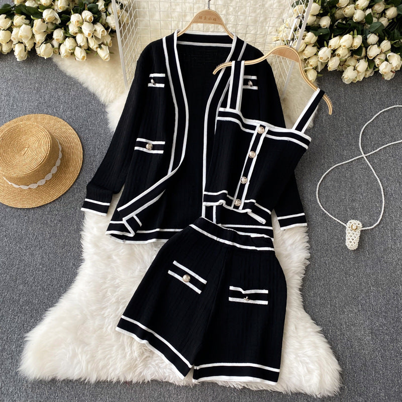 Xiaoxiangfeng autumn clothing 2022 new arrival women's suitlong sleevesknittingcardiganoutwear camisole wide legshorts
